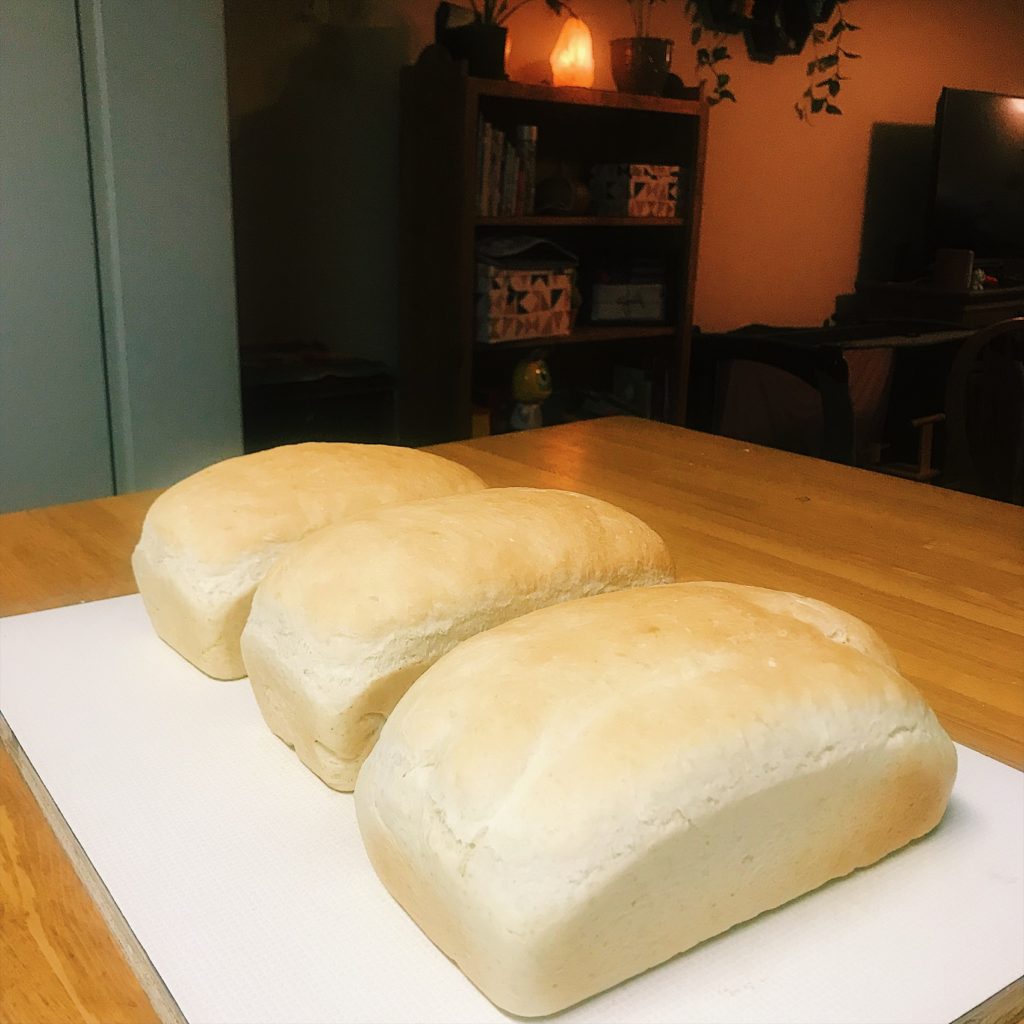 three loaves of bread on kitchen counter