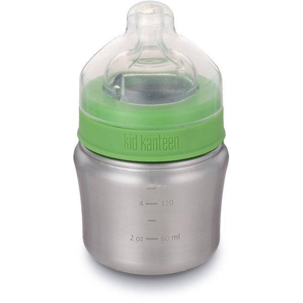 small metal baby bottle with green lid